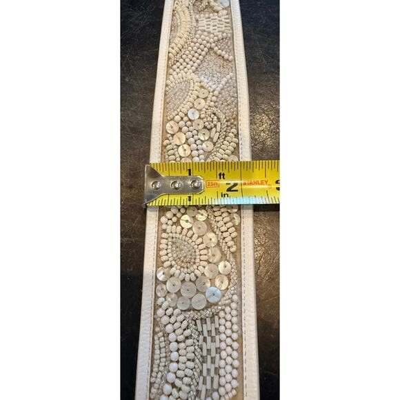 Chico’s Mother Of Pearl Beaded Designer White Leather Belt New - Picture 14 of 16